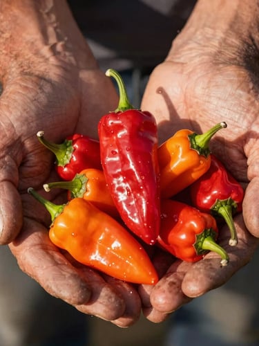 Macro close-up of a farmer's weathered hands holding a cluster of ripe red and orange habanero peppers, natural golden hour sunlight, 35mm editorial style.