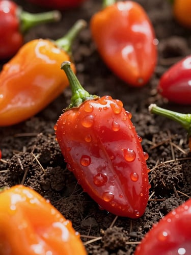 Macro close-up of vibrant red and orange habanero peppers glistening with morning dew in a sunny Colombian field, rich dark soil visible in the background, high-contrast natural lighting, 35mm editorial food photography