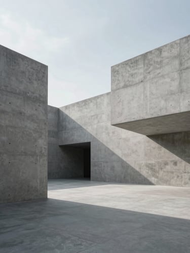 Extreme wide-angle shot of clean minimalist brutalist concrete architecture with sharp geometric shadows under cool overcast daylight.