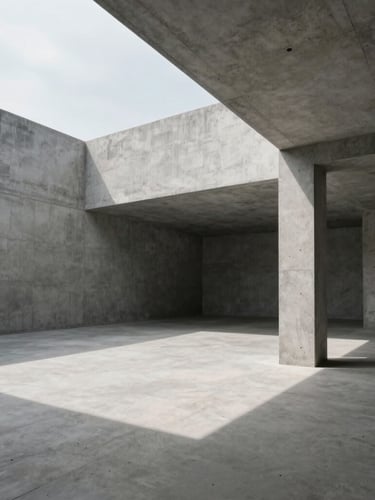 Extreme wide-angle architectural shot of a minimalist concrete workspace, sharp diagonal shadows, cool overcast daylight, empty structural geometry.