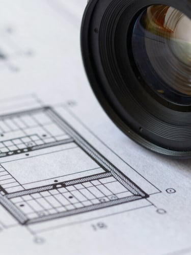 Tight macro detail of a technical blueprint and structural system diagram laying on a clean slate work surface.