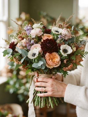 Close-up of hands holding a freshly arranged seasonal bouquet, soft natural window light, sage green background, shallow depth of field, 35mm