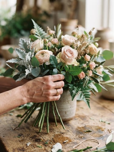 Close-up of hands arranging sage green and soft rose stems on a rustic wooden table, soft natural window light, shallow depth of field, 35mm