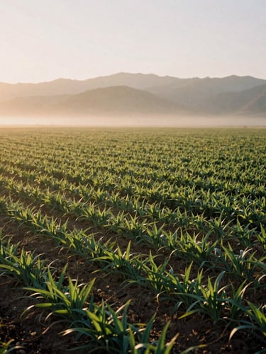 Misty early morning Utah farm landscape with low-angle golden sun casting long shadows across green crops, warm editorial photography, 35mm film.