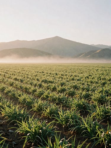 Wide environmental landscape of a misty early morning Utah farm field in Oakley, low-angle morning sun casting long shadows across green crops, mountains in background