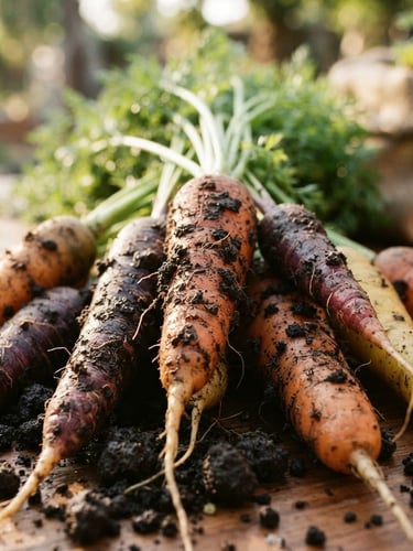 Close-up macro of freshly harvested heirloom carrots with dark rich Utah soil clinging to the roots, warm early morning sunlight, shallow depth of field, 35mm film