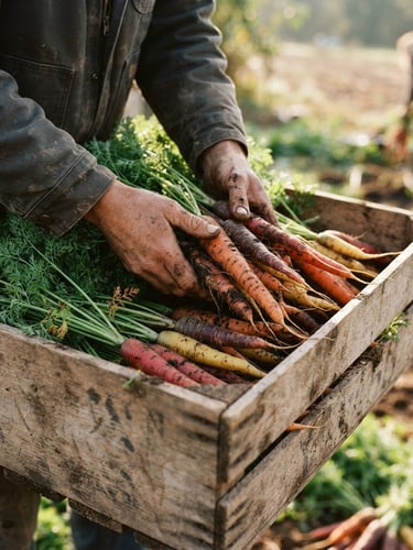 Close-up of hands loading a wooden crate of freshly harvested heirloom carrots with dirt still on the roots, early morning natural light, 35mm film.
