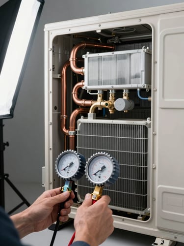 Close-up wide shot of an open residential split AC unit interior, evaporator coils and refrigerant lines fully visible, technician hands using a manifold gauge set connected to service ports, clean studio strobe lighting from the left revealing copper tubing detail and aluminium fin texture, clinical and precise