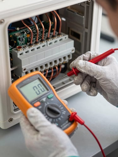 Close-up overhead shot of a technician's gloved hands holding a multimeter probe against AC unit electrical terminals, diagnostic display visible, clean workshop lighting from above, copper wiring and circuit board in sharp detail