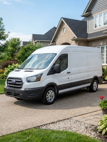 A clean branded service vehicle parked in a neat suburban driveway under bright natural daylight, crisp commercial photography