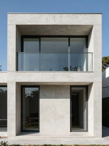 Straight-on architectural elevation of a minimalist villa facade, clean concrete lines meeting sharp steel frames, bright Mediterranean daylight, sharp shadows.