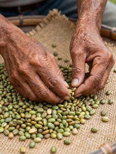 Close-up of weathered Colombian farmer's hands carefully sorting green coffee beans on a woven burlap tray, diffuse north-facing daylight from the left, individual beans sharp and textured, a few imperfect ones set aside — no faces, no smiles, just deliberate hands and grain