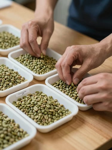 Hands in motion sorting green coffee samples into small labeled trays on a wooden workbench, north-facing diffuse daylight, cooperative name tag visible on one tray, shallow depth of field on the beans