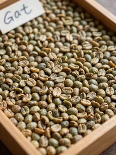 Overhead close-up of sorted green coffee beans arranged in a flat wooden classification tray, individual bean cuts visible, diffuse north-facing daylight, a handwritten lot label in the upper corner, no hands, no people