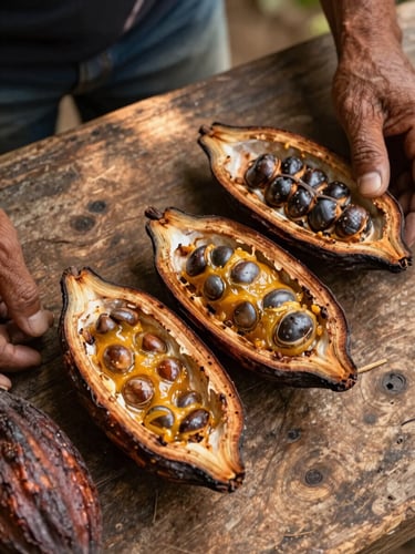 Overhead study of freshly harvested Colombian cacao pods split open on a rough wooden surface, golden pulp and dark seeds visible, warm afternoon light raking across the texture, a farmer's hand rests at the edge of frame — close crop, no faces