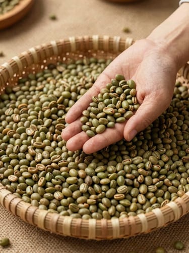 Close overhead study of green coffee beans sorted by hand into a wide woven basket on a burlap surface, diffuse daylight from the left, individual bean detail visible, warm earthy tones
