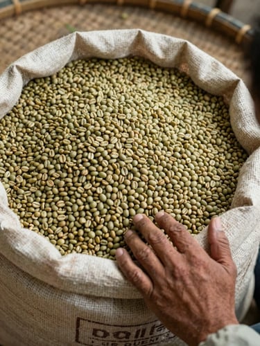Close overhead of sorted green coffee beans on a woven burlap tray, diffuse north-facing daylight, a farmer's calloused hand resting at the lower edge indicating a specific lot selection, cooperative stamp partially visible on the sack below