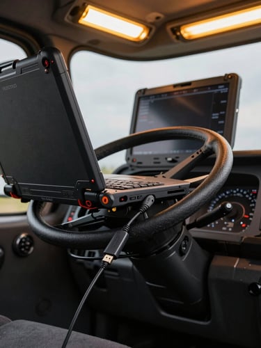 A rugged Panasonic Toughbook laptop balanced on a heavy-duty truck steering wheel inside a dark cab, connected via a black Nexiq USB-Link cable to the OBD port, lit by harsh fluorescent amber cabin lights, tight realistic macro view.