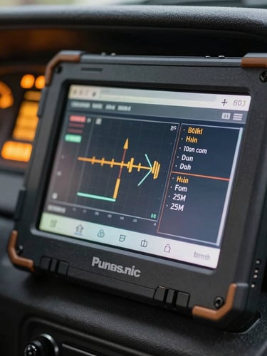Close-up macro of a rugged Panasonic Toughbook screen displaying engine diagnostic codes inside a dark truck cab, amber dashboard lights glowing in the background