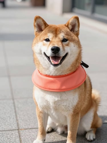 A close-up of a happy Shiba Inu wearing a bright coral waterproof collar, sitting on a clean urban sidewalk in bright natural daylight, shallow depth of field, 35mm lens.