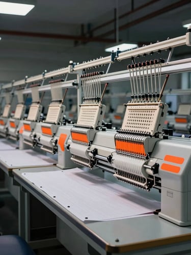 Wide-angle dramatic shot of a clean, organized modern textile factory floor, high-speed embroidery machines in a row, safety-orange accents, dramatic side studio lighting