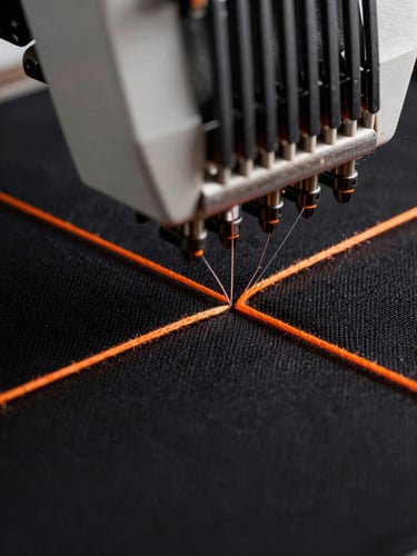 Macro close-up of high-speed industrial embroidery machines stitching safety-orange threads onto heavy black canvas, shallow depth of field, dramatic side lighting