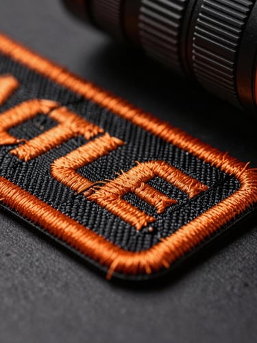 Tactile macro product photography of a heavy custom embroidered patch, dramatic side studio lighting, rich high-contrast industrial tones, shallow depth of field, 100mm lens, showing thick orange thread locks and a crisp merrowed border.