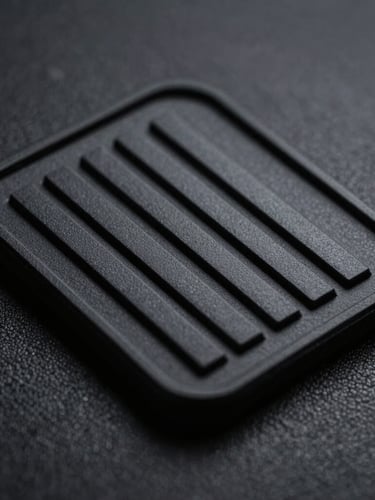 Macro close-up of a custom tactical PVC patch with deep molded channels and matte finish, dramatic side lighting highlighting the dimensional layers, dark textured background, 100mm lens