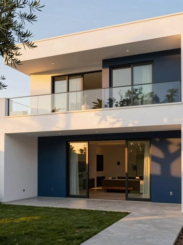 Bright architectural photography of a modern Mexicali residential home, clean lines, warm golden hour sunlight reflecting off white walls, olive trees in the courtyard, 35mm lens.