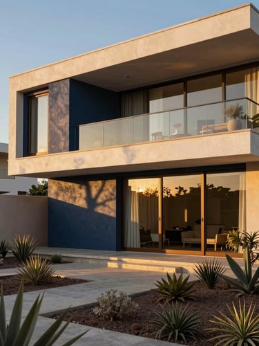 Vista exterior de una residencia moderna en Mexicali, líneas arquitectónicas limpias, iluminación cálida de atardecer, jardín desértico sutil, fotografía editorial de arquitectura