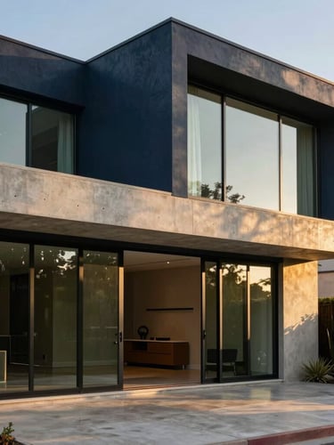 Professional architectural photograph of a modern Mexicali home exterior, sharp geometric lines, warm golden hour light casting soft shadows on concrete and glass, premium real estate tone