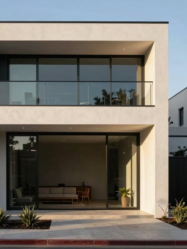 High-end architectural photography of a modern Mexicali home exterior, bright golden-hour sunlight, warm tones, clean lines, 35mm lens