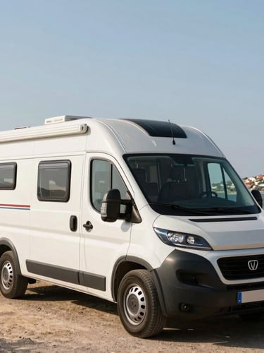 A clean, modern camper van parked near the Adriatic coast of Martinsicuro under bright Mediterranean daylight, showing a warm, reliable local travel context.