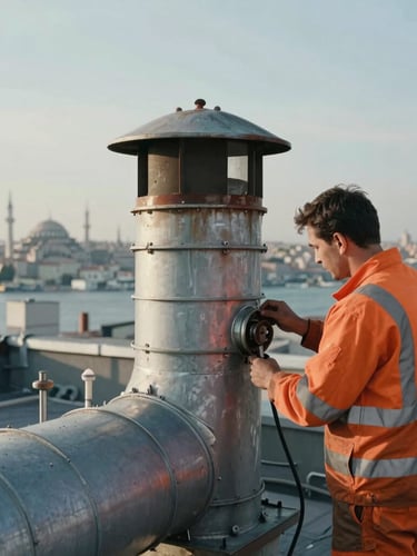 Rooftop view of an industrial chimney in Istanbul, a technician in orange high-visibility safety gear inspecting the duct, bright natural daylight, cinematic 21:9 framing.