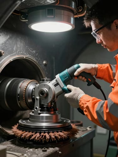 Direct action shot of a certified technician in high-visibility orange safety gear operating a specialized mechanical rotary brush inside a dark ventilation duct, sharp utility lighting.