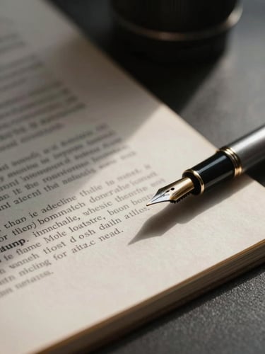 Sharp macro shot of textured legal documents and a fountain pen on a minimalist dark desk, dramatic side lighting, deep shadows.