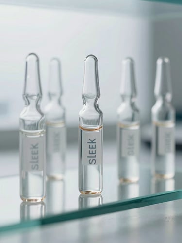 Sleek, premium skincare ampoules in a sterile laboratory setting, bright natural light reflecting off glass, minimalist aesthetic.