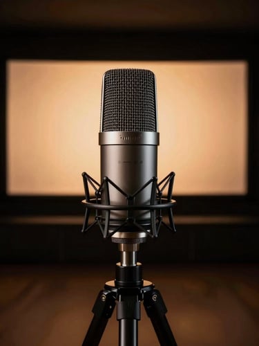 Macro shot of a high-end calibration microphone on a tripod in a dark minimalist home theater, soft amber screen glow in the background, cinematic low-key lighting