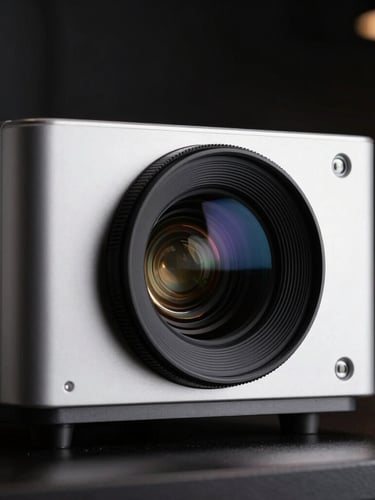 Close-up of a premium high-end projector lens reflecting subtle blue and amber light, clean architectural lines, dark background, cinematic lighting, 35mm lens.