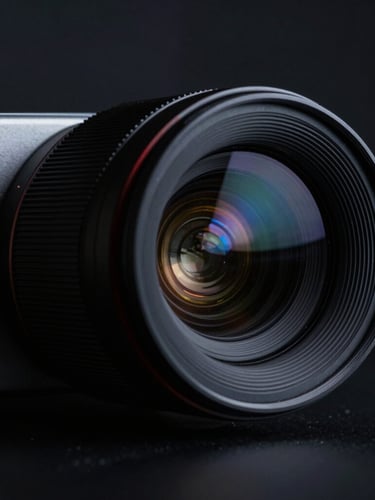 Close-up macro shot of a high-end projector lens reflecting subtle blue and amber light, dark dramatic interior photography, 35mm lens