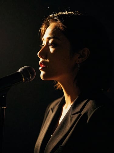 Dramatic chiaroscuro portrait of a professional singer in a dark studio, golden rim lighting highlighting the profile, rich black and gold tones, 35mm film.