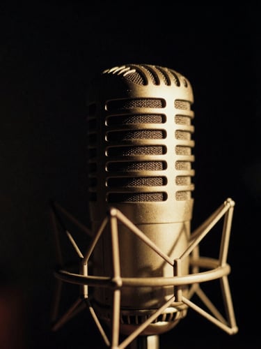 Close-up detail of a vintage condenser microphone in a dark studio, dramatic golden rim lighting, rich black background, 35mm film