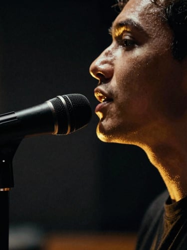 Close-up of a professional singer's profile in a dark recording studio, dramatic golden rim lighting highlighting the neck and jawline, showing intense focus, shallow depth of field, 35mm film