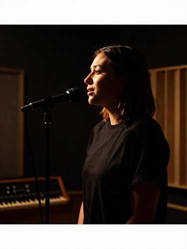 Dramatic chiaroscuro photography of a professional singer in a dark recording studio, golden rim lighting highlighting their profile, rich black and gold tones, 35mm film