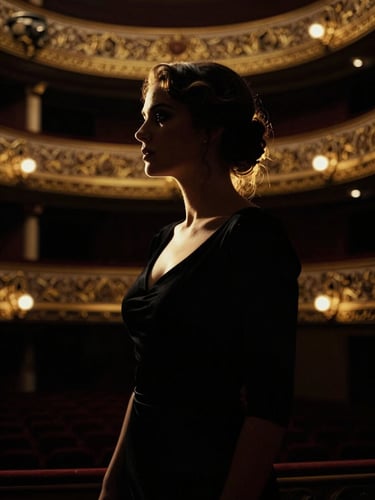 Dramatic chiaroscuro portrait of a classical singer in a dark opera house, golden rim lighting defining the silhouette, rich black and gold tones, 35mm film