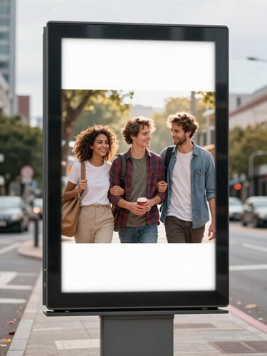 Straight-on centered mockup of a clean digital billboard displaying a community ad, bright daylight, sharp focus