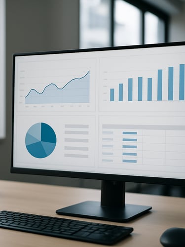 Crisp editorial photography of a modern physical dashboard on a screen in a natural-light Seattle office, high contrast, 35mm lens