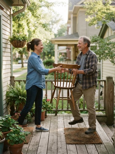 Warm documentary photograph of a neighbor handing a wooden chair to another neighbor on a sunny porch, natural daylight, 35mm lens