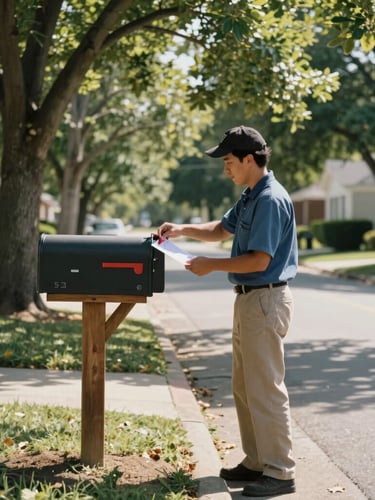 A quiet tree-lined suburban street with warm sunlight filtering through leaves, a mail carrier delivering a letter to a wooden mailbox, authentic documentary style, 35mm lens