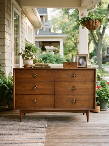 Warm 35mm documentary photograph of a wooden mid-century dresser sitting on a sunny suburban porch, soft natural daylight, realistic depth of field.
